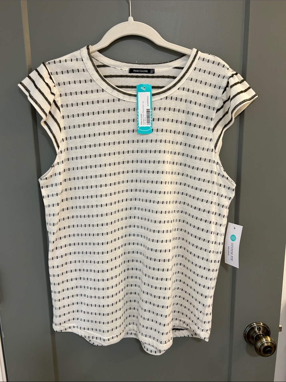 Pink Clover Stitch Fix  White Tank Top with Black Micro-Stripes Size Large
